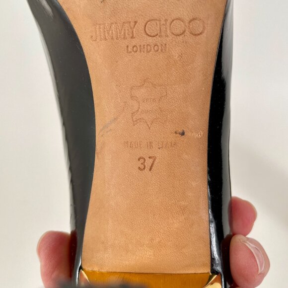 Jimmy Choo Black Patent Leather Peeptoe Pumps With Gold Detail, Size 37 (7) - Picture 11 of 11